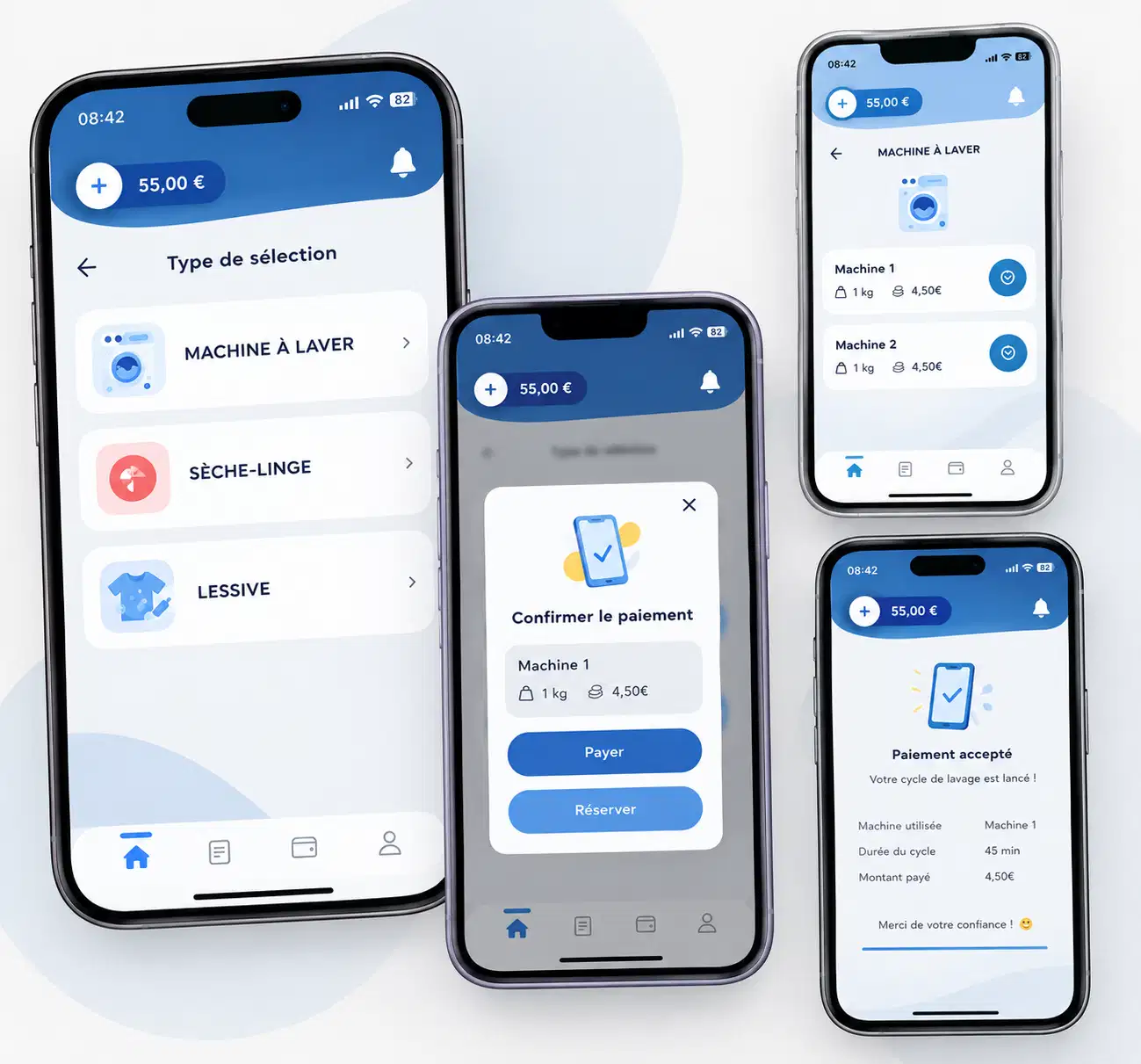 Écrans de l'application Simply Pay : sélection de la machine, confirmation du paiement, disponibilité des machines et paiement accepté